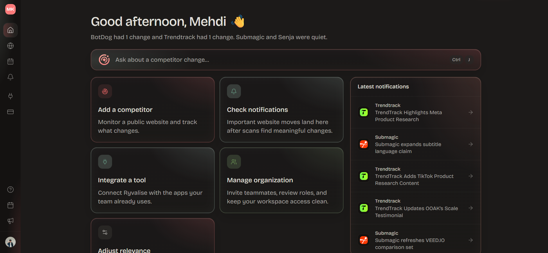 Light Ryvalise dashboard with suggested actions and AI assistant