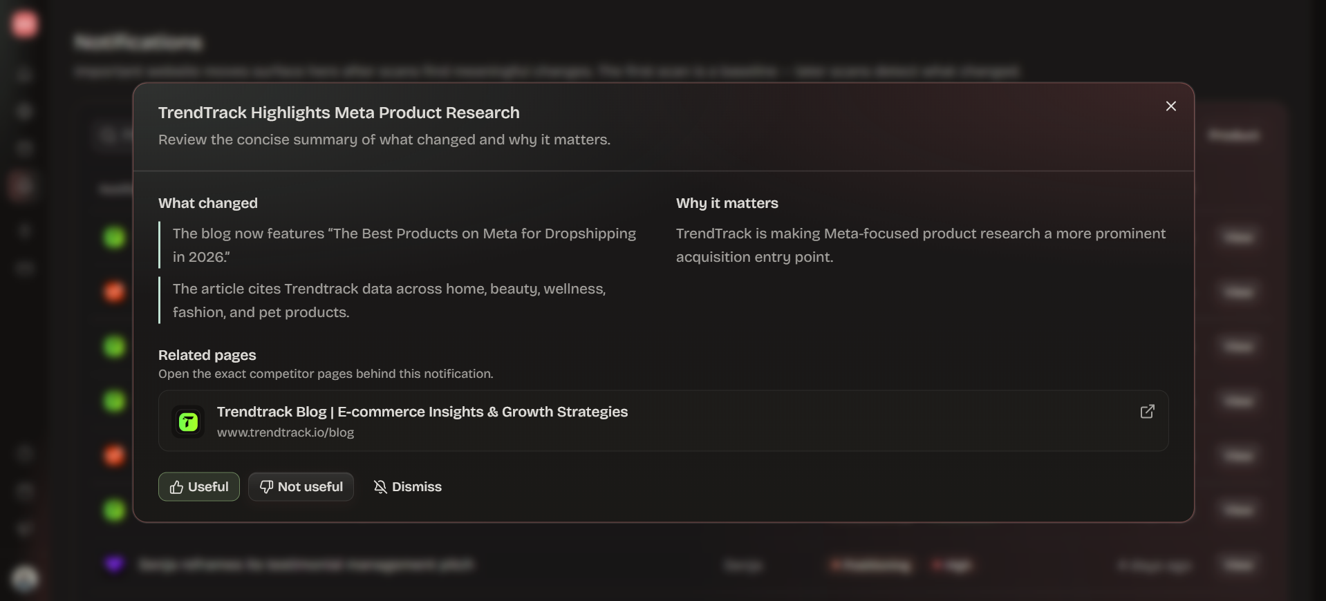 Dark Ryvalise source evidence view for a competitor change